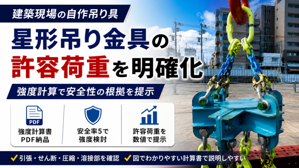 建築現場で使用する星形吊り金具の許容吊り荷重を強度計算で確認した実績紹介画像