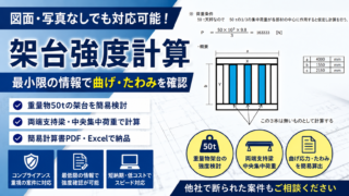 図面や写真を使用せず、最低限の情報から重量物架台の曲げ応力とたわみ量を確認した強度計算実績のサムネイル