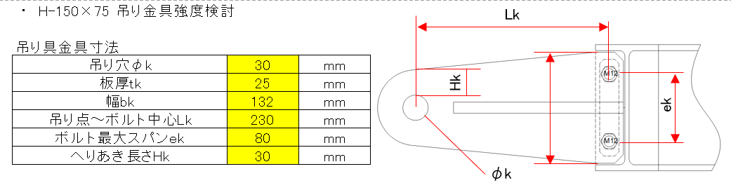 ボルトと吊り金具の強度計算イメージ