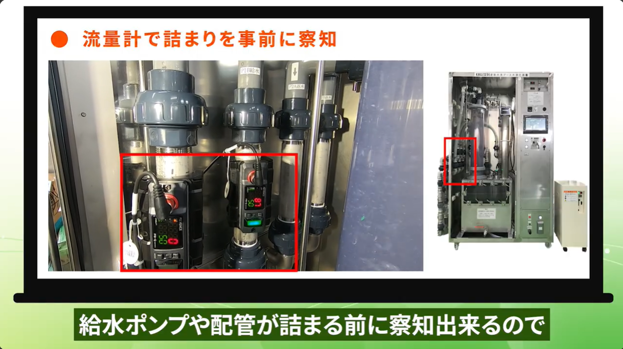 オゾン式浄化装置KKG1134Aの流量計を拡大した動画画面。流量の確認による給水ポンプや配管の詰まりの早期察知について説明。